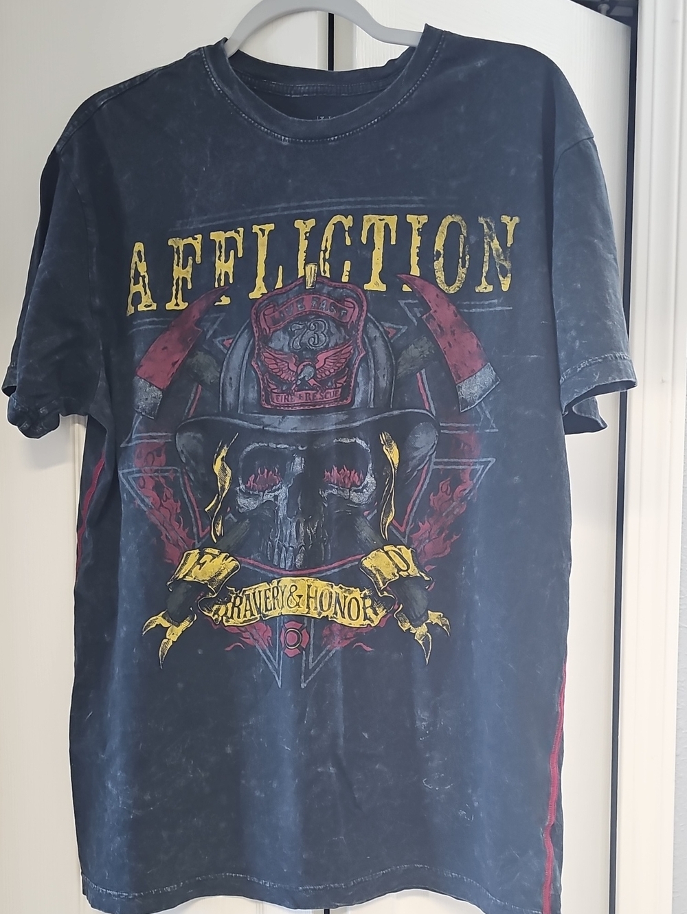 Affliction Black Graphic Short Sleeve Tee with Red and Yellow Accents